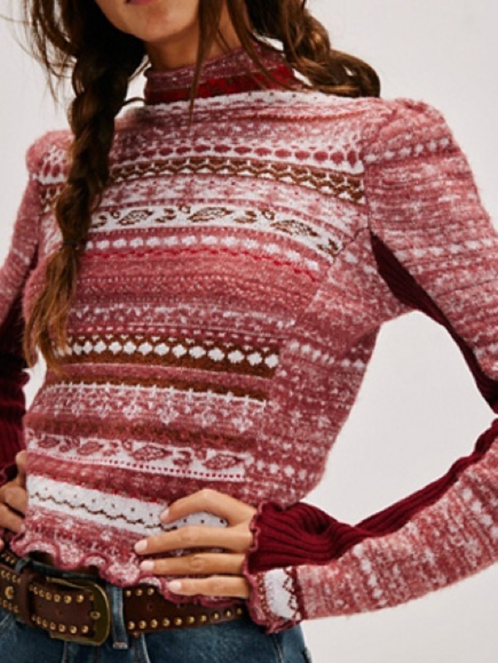 Free People Pink Marled Fair Isle Turtleneck Sweater